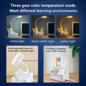 LED Study Desk Lamp with Pen Stand, 3 Color Modes, Adjustable Arm