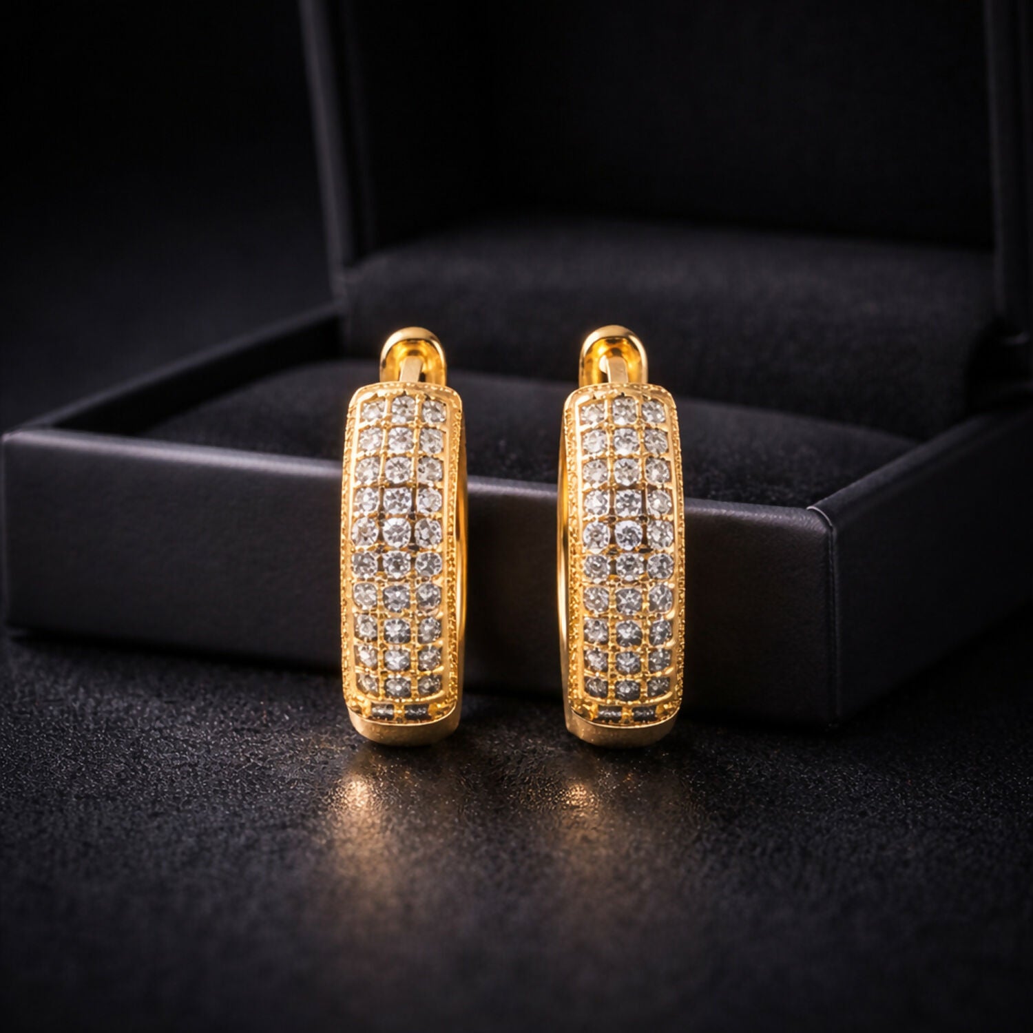 Crystal Studded Gold-Tone Hoop Earrings – Elegant Pave Design (1 Pair)