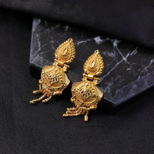 Luxurious Festive Wear Gold Dangle Earrings with Intricate Carved Design and Hanging Gold Beads