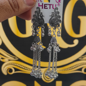 ELEGANT OXIDISED PEACOCK LONG CHAIN JHUMKA EARRINGS
