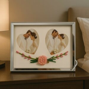 Romantic Dual Heart-Shape LED Light Photo Frame for Couple | Decorative Floral Wedding & Anniversary Picture Frame | USB Powered Warm Light Love Frame for Bedroom, Living Room & Gifting | Premium Couple Photo Display for Home Décor
