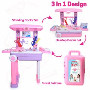 Premium Doctor Set with Pull & Push Trolley for Kids,Doctor Set with LED Light Instruments, 13 Piece Doctor Kit, BIS Approved (Pink)