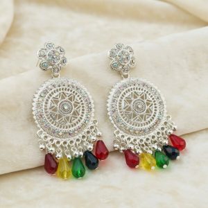 Silver-Tone Oxidized Bohemian Mandala Drop Earrings with Multi-Color Crystal Beads