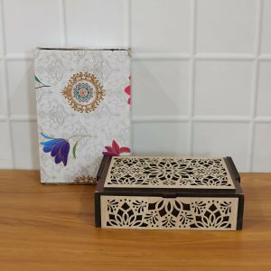 Premium 4 Compartment Wooden Dry Fruit Box with Decorative Laser Cut Lid