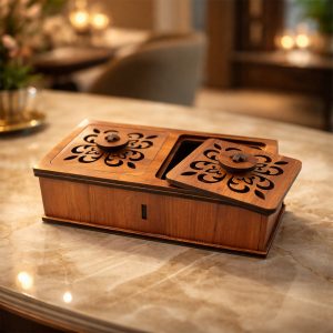 Premium 2 Compartment Wooden Dry Fruit Box with Carved Lid