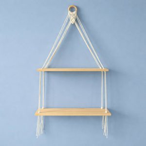 2 Tier Wooden Hanging Shelf with Rope Wall Decor Plant Display Rack