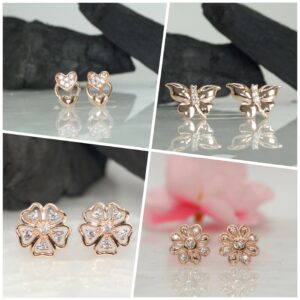 Rose Gold Stud Earrings Combo: Heart, Butterfly, Flower for women and girls Combo Pack of 4