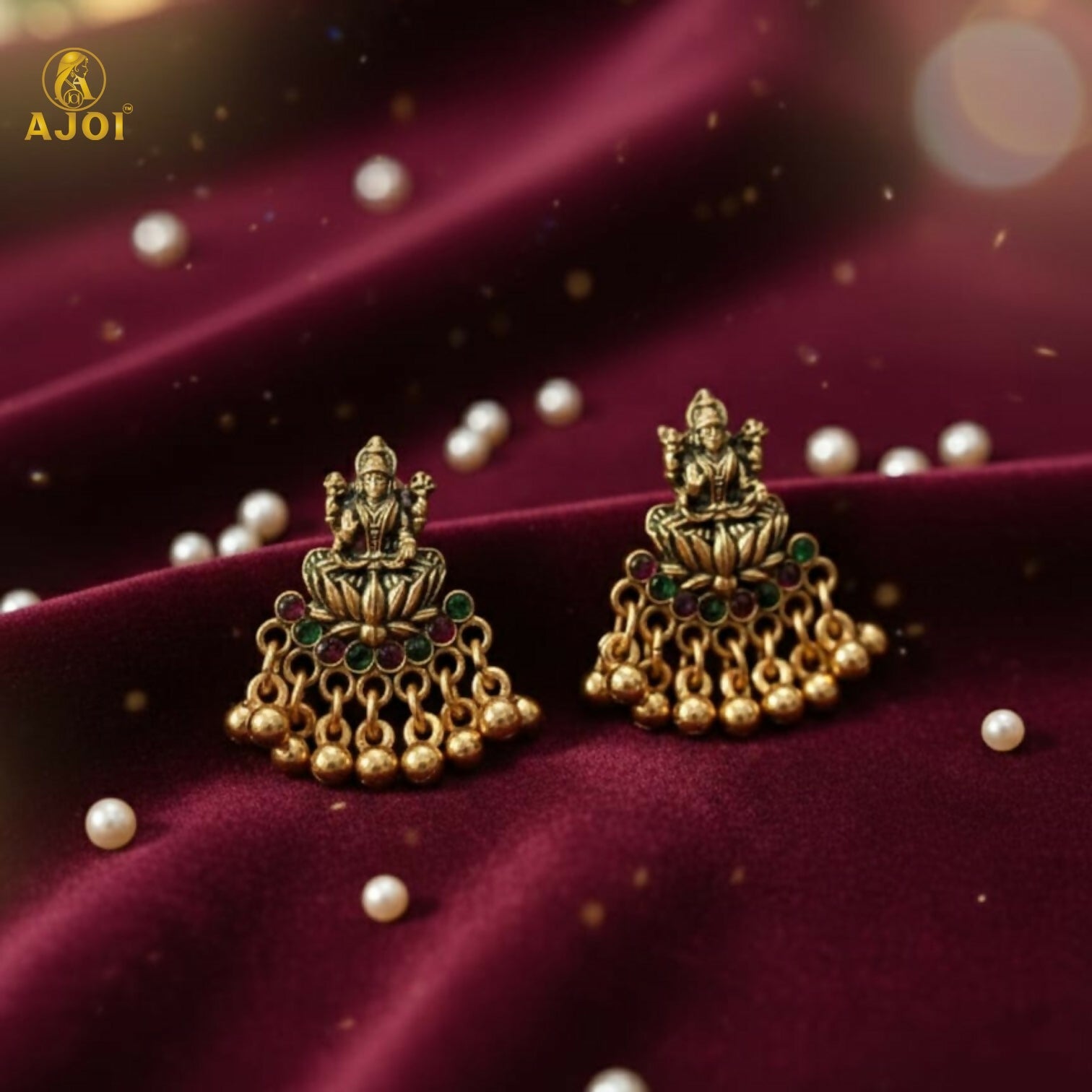 Divine Lakshmi Idol Antique Gold Mini Jhumka Earrings with Multicolor Stone Detailing