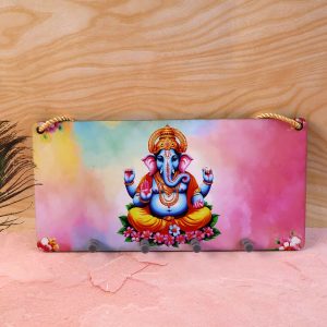 Ganpati Printed Wooden Key Holder with Rope Hanging & 4 Hooks – 6 x 12 Inch