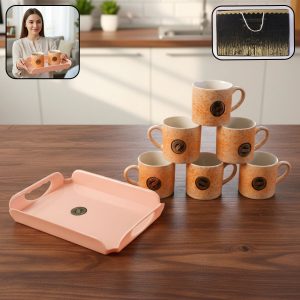 7-Piece Ceramic Coffee Mug Set with Serving Tray