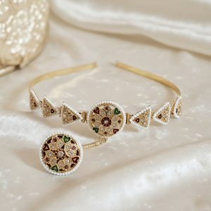 Gold-Plated Borla Sheeshphool with Matha Patti (hair band)