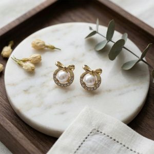 Korean Royal Bow-Knot Crystal Halo Pearl Studs For Girls And Women