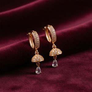 Gold Finish Hoop Earrings with Stone Studded Drop Design for Women & Girls