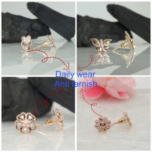 Rose Gold Stud Earrings Combo: Heart, Butterfly, Flower for women and girls Combo Pack of 4