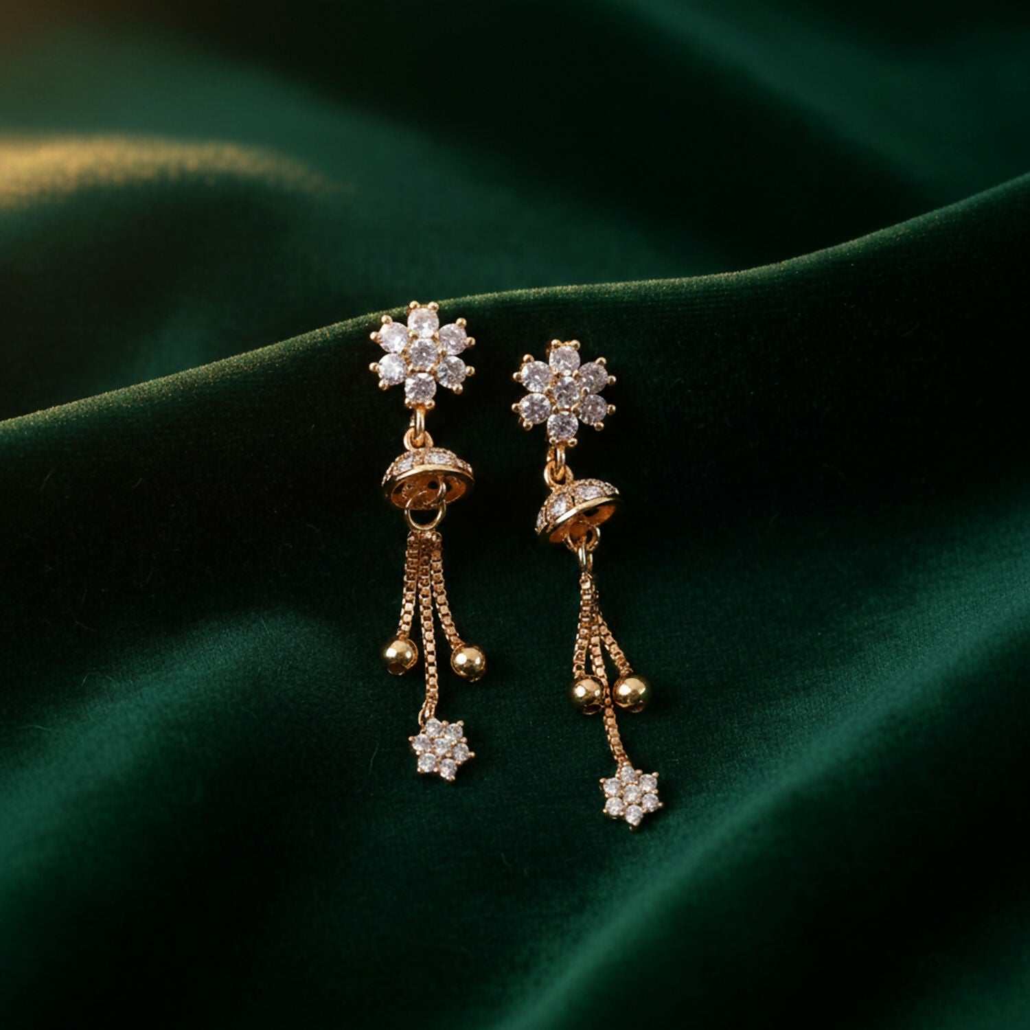 Floral Crystal Drop Earrings with Gold-Tone Chain Tassels - Image 4