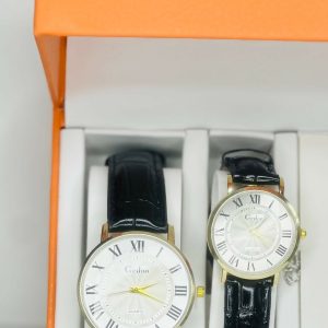 His and Hers Classic Watch and Pendant Combo – Gold Dial Quartz Watches with Black Straps and Matching Heart-Shaped Couple Necklaces – Perfect Gift for Lovers, Anniversaries, or Engagements