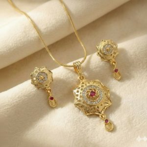 Floral Disc Gold Pendant and Earring Set Elegant Traditional Jewelry for Women