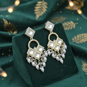 Elegant Geometric Kundan Chandelier Earrings with Teardrop Pearl Clusters