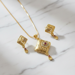 Ruby Square Gold Pendant and Earring Set Elegant Traditional Jewelry Set for Women