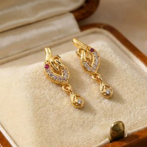 Gold Finish Leaf Design Drop Earrings with Stone Detailing (1 Pair)