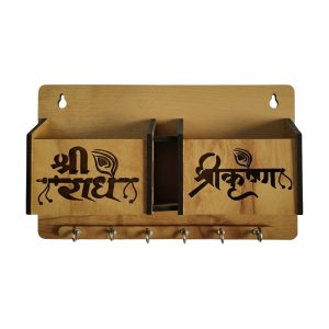 Wooden Wall Mounted Key Holder with Mobile Stand & 6 Hooks