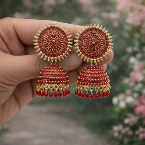 TRADITIONAL ELEGANT OXIDISED JHUMKA EARINGS IN RED COLOUR