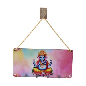 Ganpati Printed Wooden Key Holder with Rope Hanging & 4 Hooks – 6 x 12 Inch