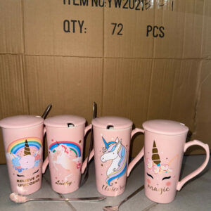 Premium Unicorn Printed Ceramic Mug With Golden Lid & Spoon | Cute Pink Coffee Mug With Lid For Girls, Office & Home Use | 400ml Large Capacity Tea Cup | Gift For Birthday, Kids, Women, Magic Unicorn Printed Cup (Pack of 1)