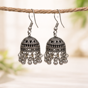 Traditional elegant silver oxidised hook jhumka earrings