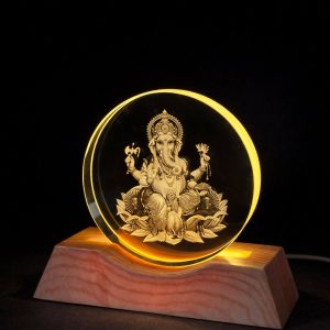 Ganesh Engraved Acrylic LED Night Lamp with Wooden Base for Home Decor