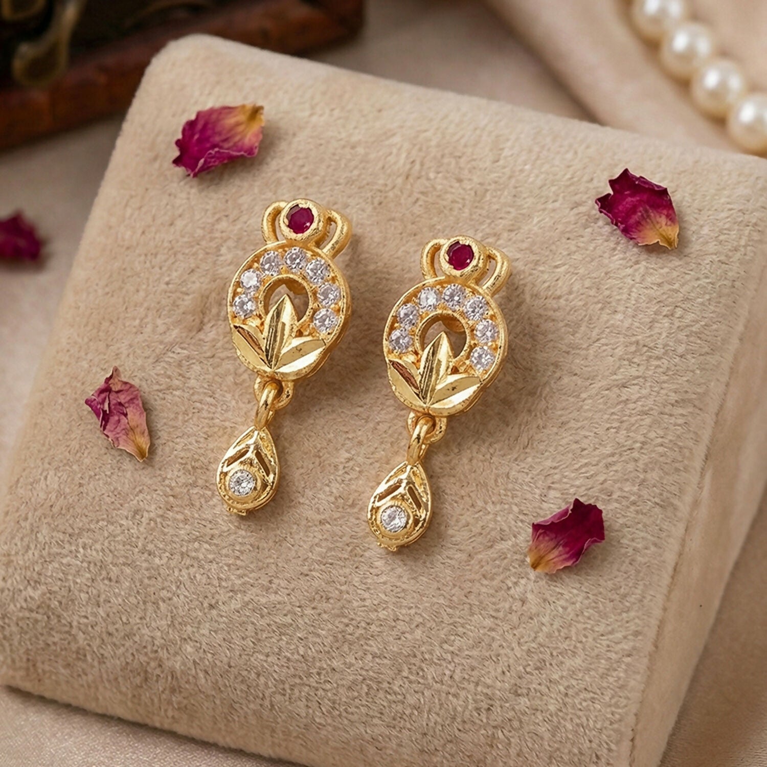 Gold Finish Floral Drop Earrings with Stone Detailing (1 Pair) - Image 4