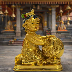 Gold Finish Baby Krishna with Butter Pot Decorative Idol for Home