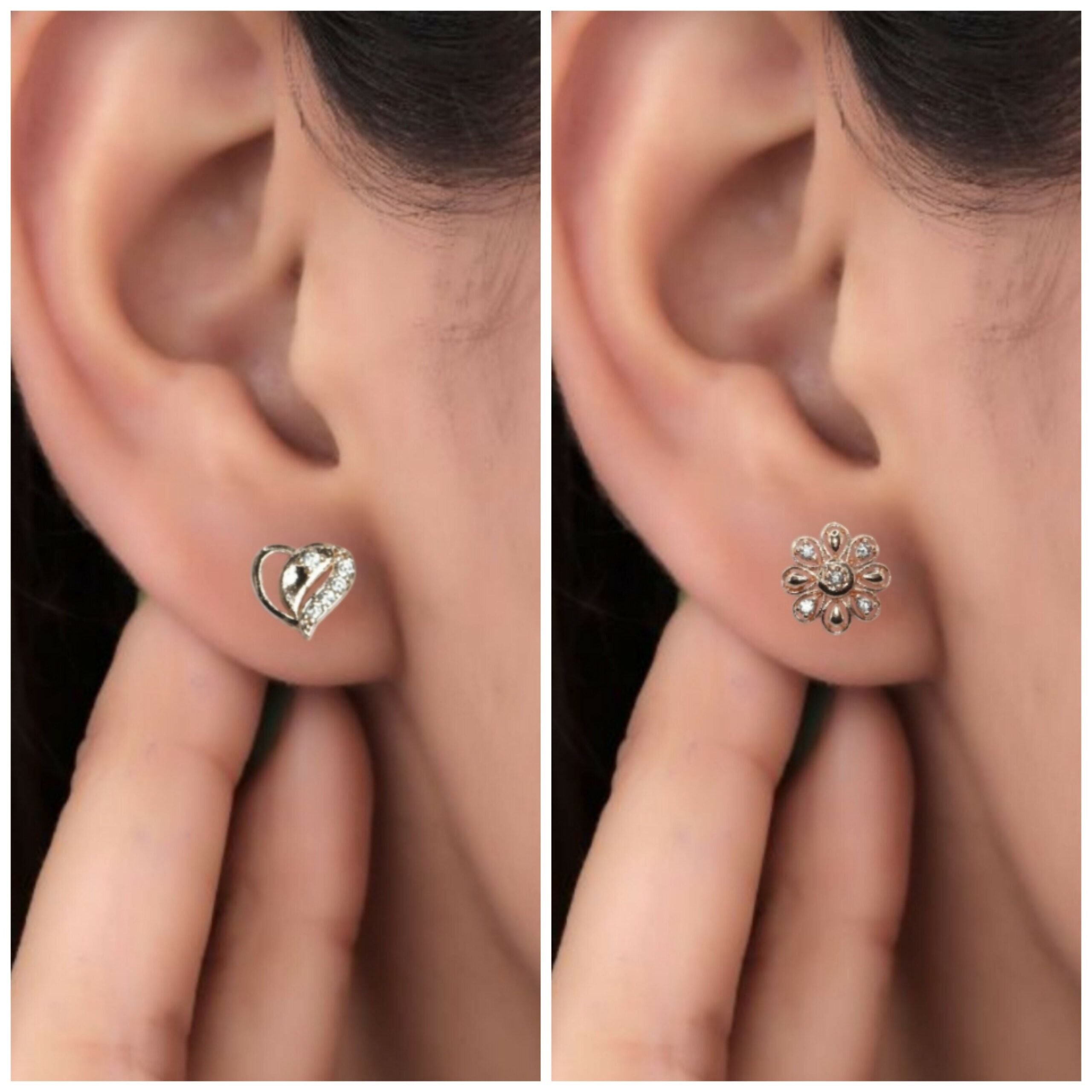 Rose Gold AD Stud Earrings - Flower & Heart Shape Daily Wear for women and girls Combo Pack of 2 - Image 3