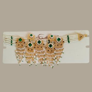 Elegant Emerald & Pearl Choker Necklace Set with Chandbali Jhumka Earrings