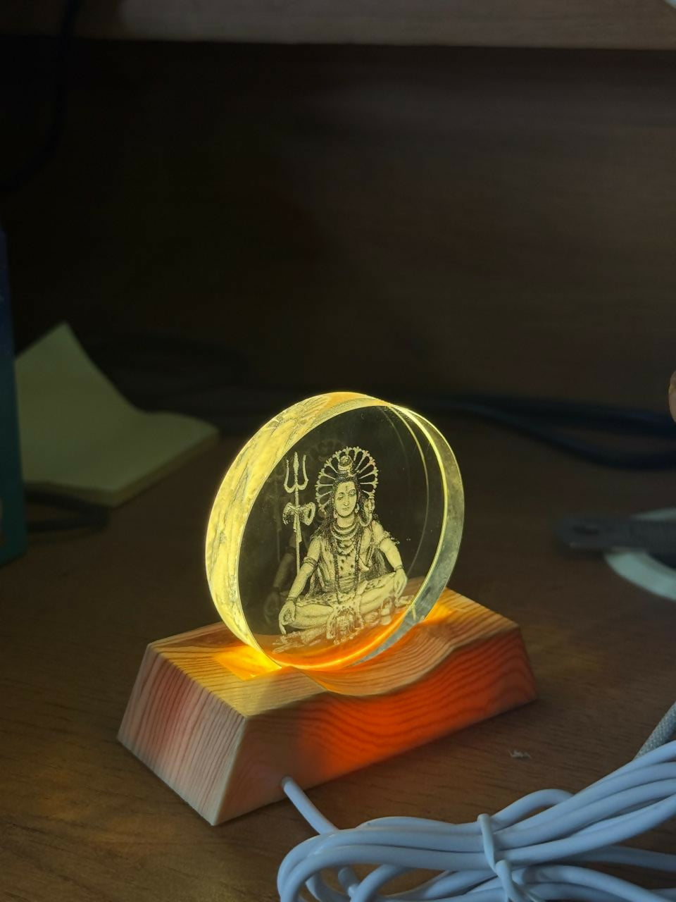 Meditating Shiv Engraved Acrylic LED Night Lamp with Wooden Base for Home Decor - Image 4