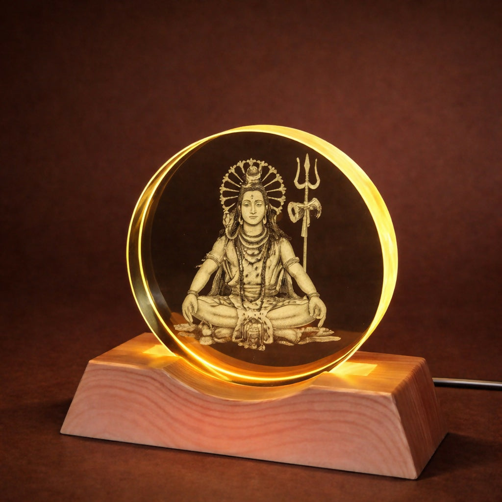Meditating Shiv Engraved Acrylic LED Night Lamp with Wooden Base for Home Decor - Image 3
