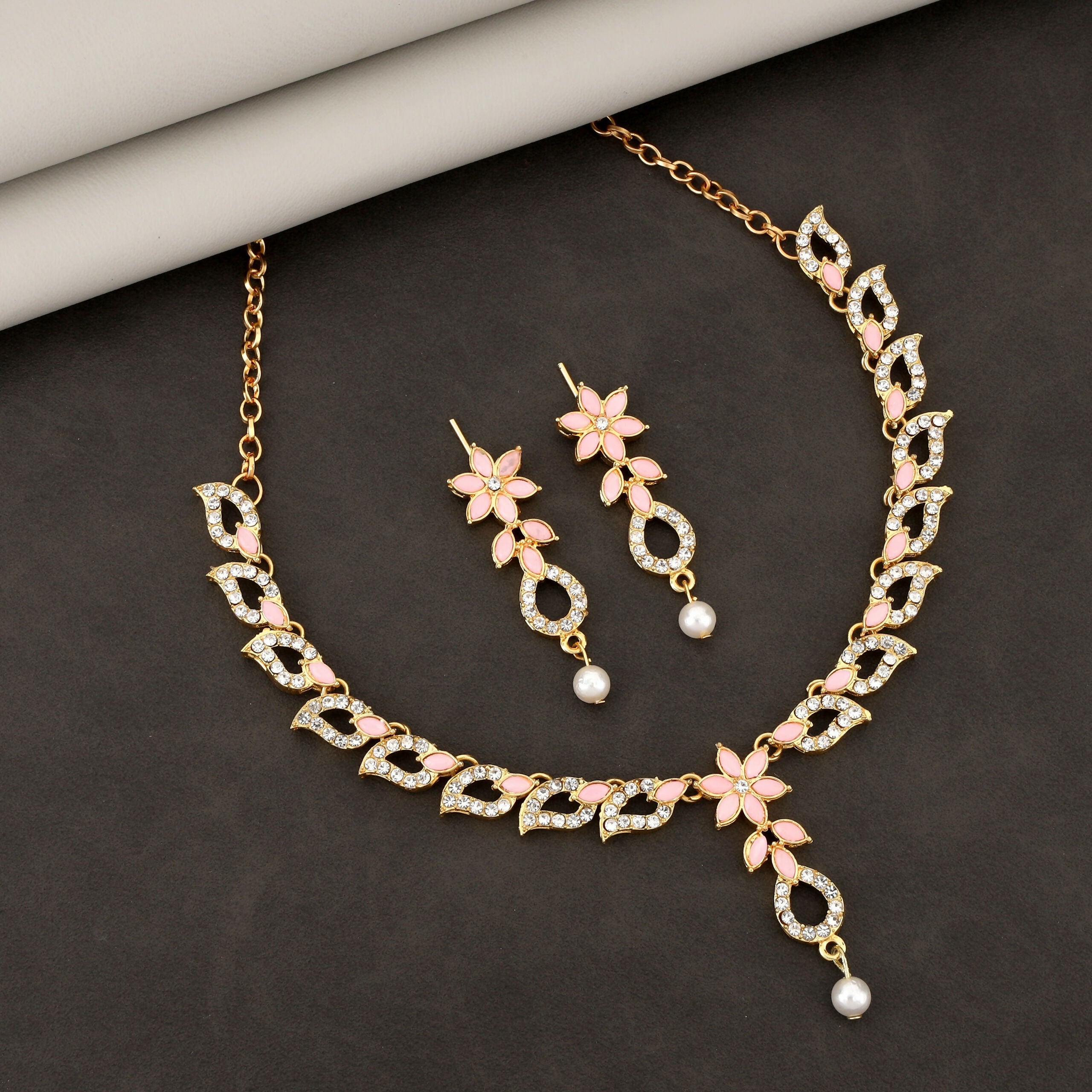 Delicate Baby Pink Floral & Crystal Necklace Set with Pearl Drop