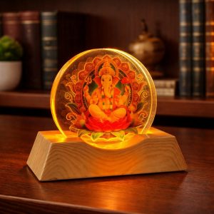 LED Lord Ganesha Acrylic Lamp with Wooden Base Spiritual Decor