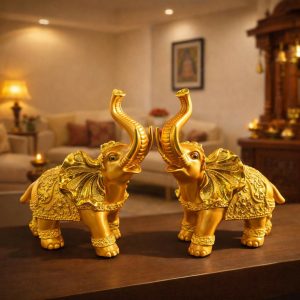 Golden Lucky Elephant Pair Statue Feng Shui Home & Office Decor Showpiece