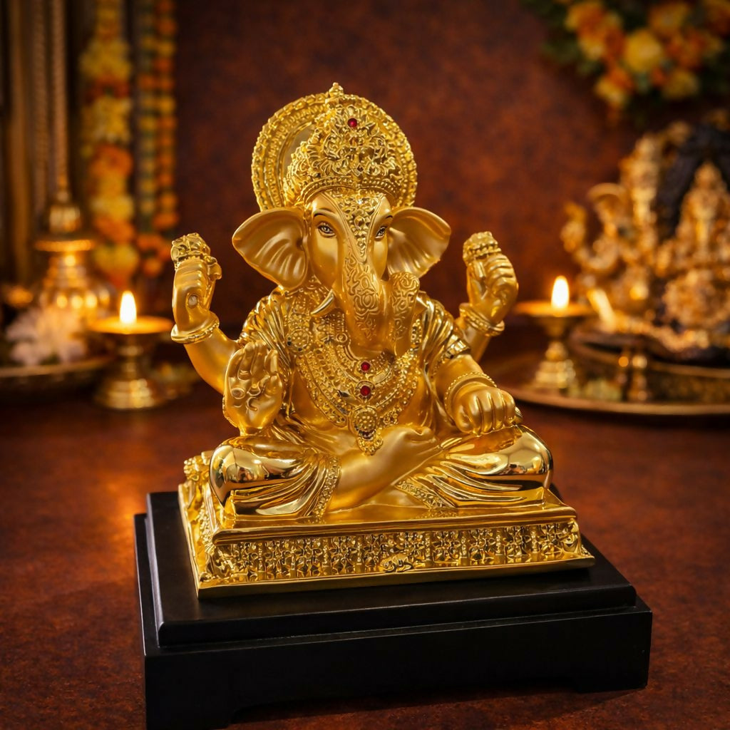 Golden Lord Ganesha Idol Showpiece for Home Temple & Office Décor