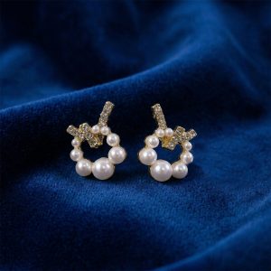 Korean Geometric Crystal Cross & Pearl Wreath Studs For Girls And Women