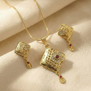 Ruby Square Gold Pendant and Earring Set Elegant Traditional Jewelry Set for Women