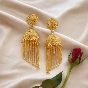 Traditional Gold Tone Jhumka Earrings with Red Bead Tassel Design For Woman And Girl