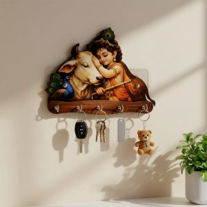 Baby Krishna with Cow Wooden Wall Key Holder – 5 Hooks Organizer