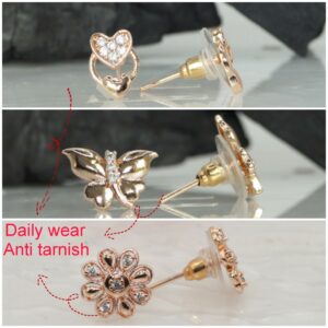 Rose Gold Plated AD Diamond Studs: Heart, Butterfly & Flower for women and girls Combo Pack of 3