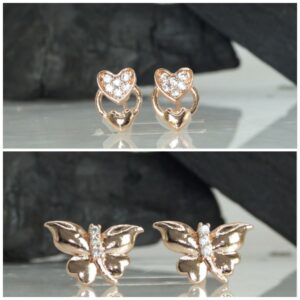 Rose Gold Heart & Butterfly Stud Earrings Set for women and girls Combo Pack of 2