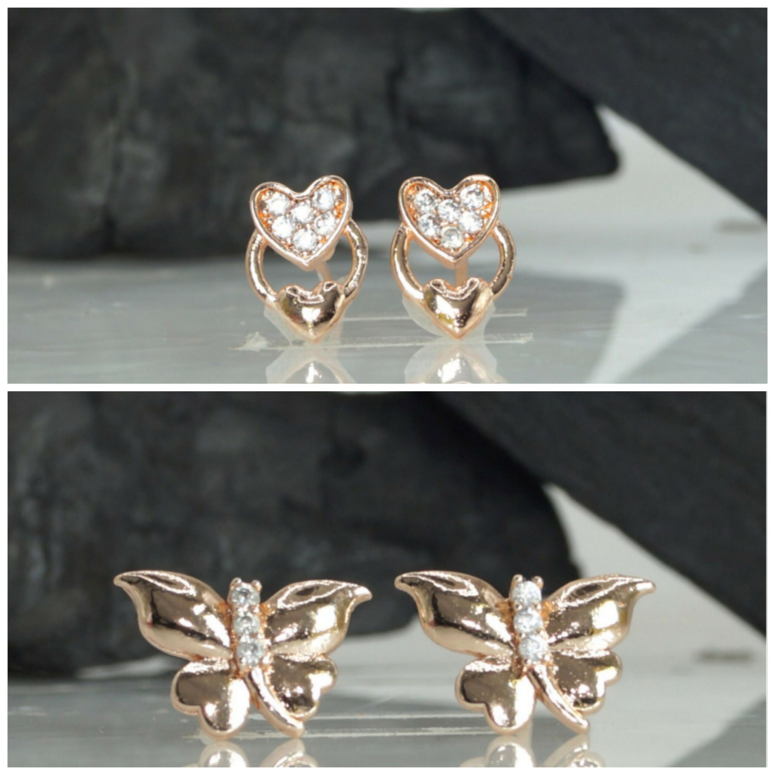 Rose Gold Heart & Butterfly Stud Earrings Set for women and girls Combo Pack of 2