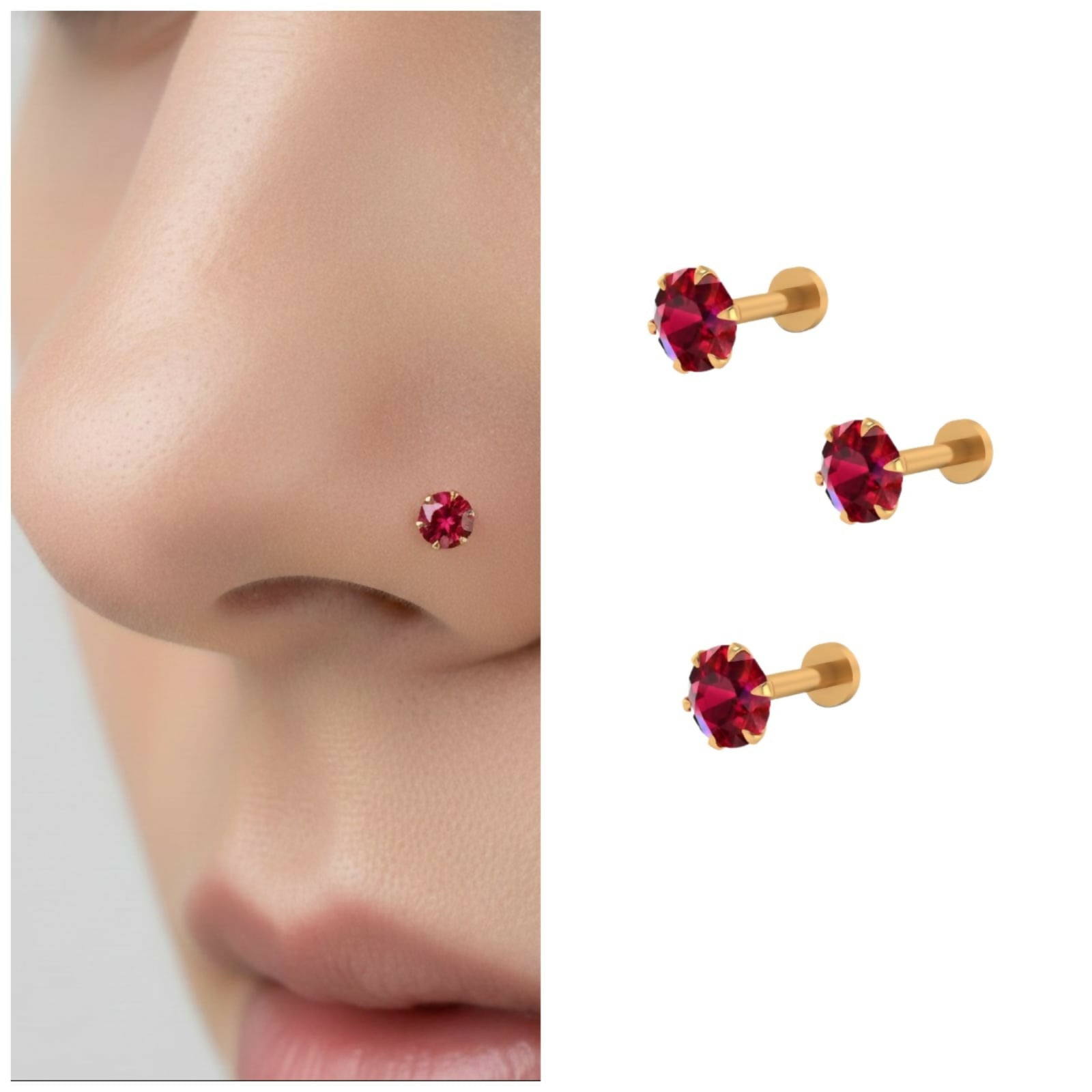 Gold plated Ruby Red AD Nosepin stud for women and girls Combo Pack of 3