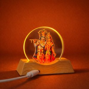 LED Radha Krishna Acrylic Lamp with Wooden Base Spiritual Decor