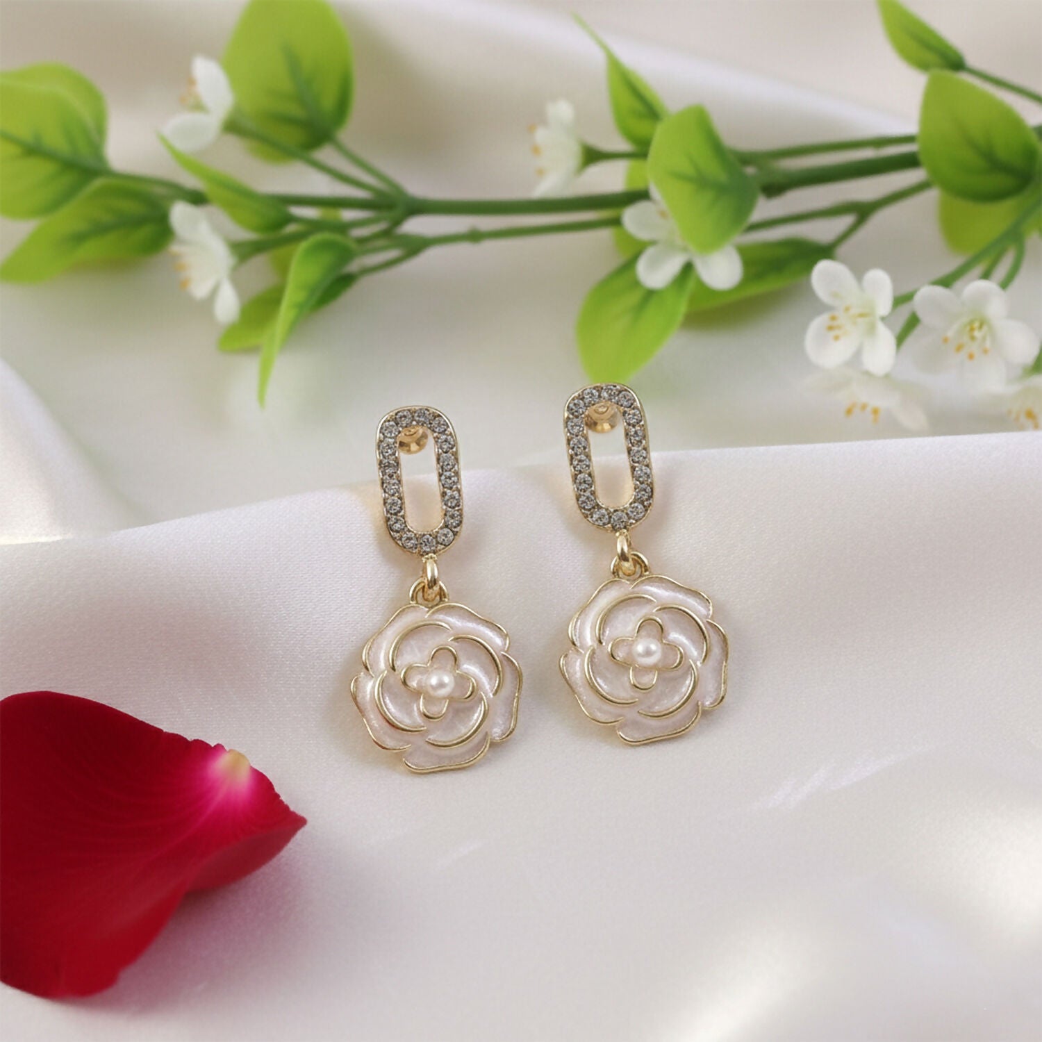 Luxury Korean Style Gold Plated Flower Drop Earrings for Women & Girls - Image 3